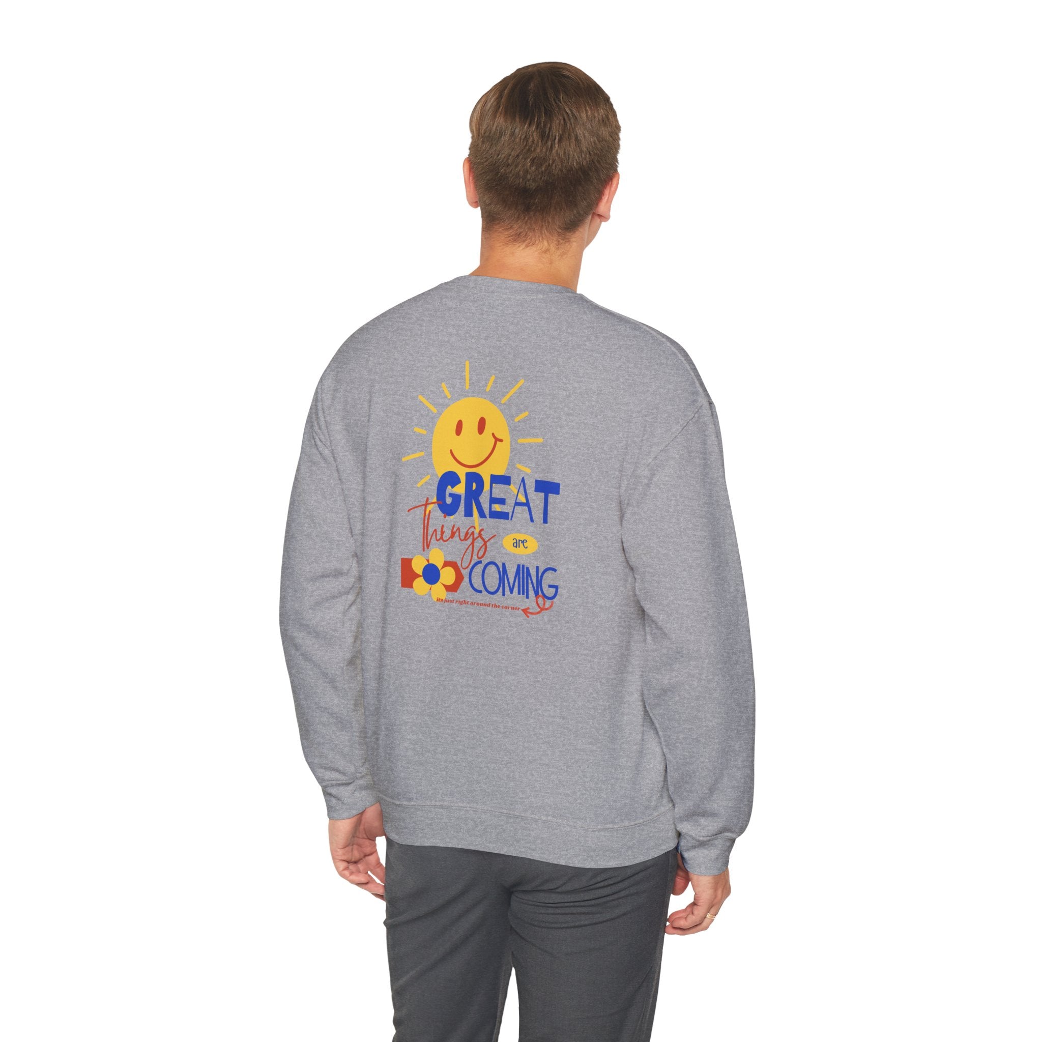 Happy Sweatshirt with Encouraging Sentiment for the Upcoming Year - Available in Blue, White, and Grey | Sizes S - 2XL