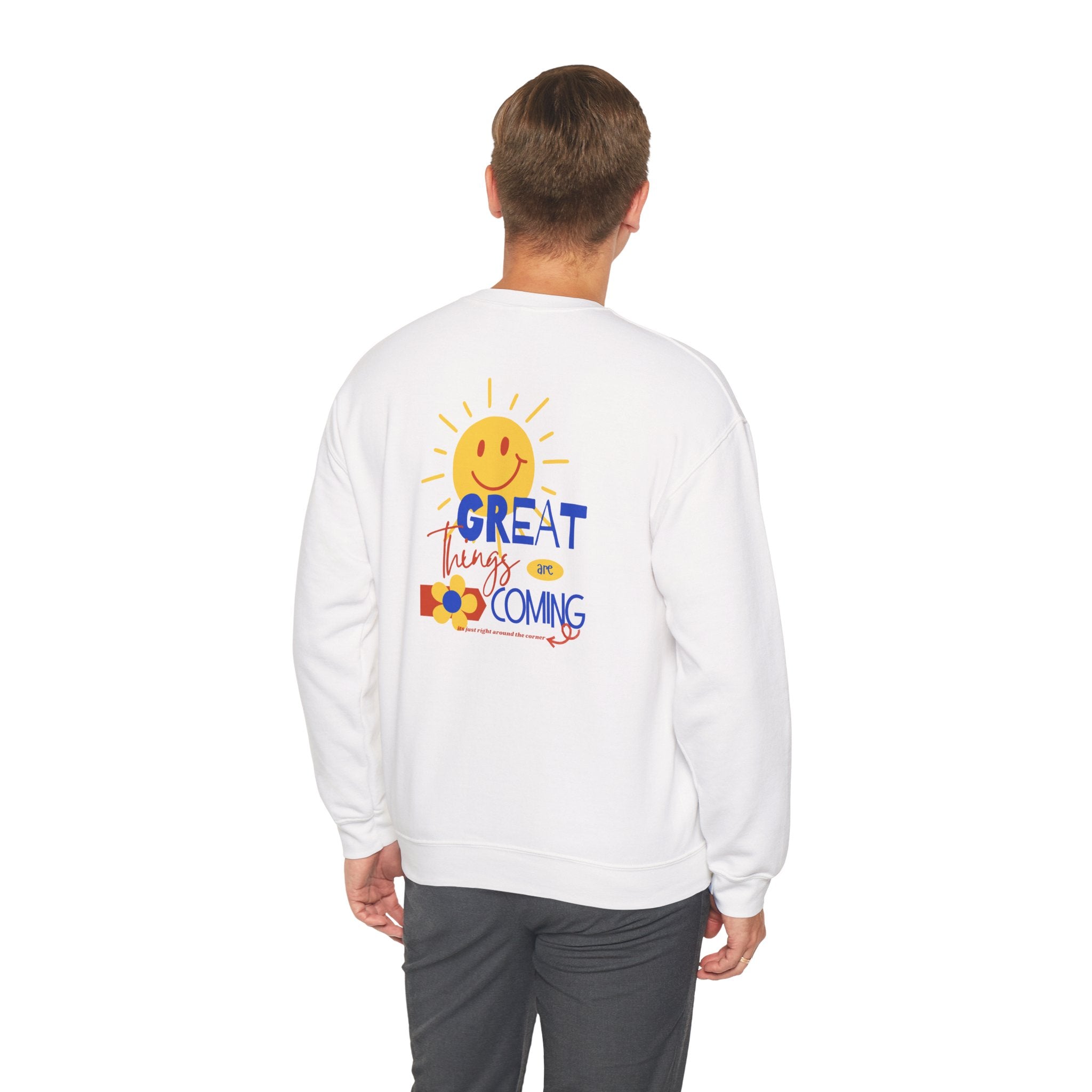 Happy Sweatshirt with Encouraging Sentiment for the Upcoming Year - Available in Blue, White, and Grey | Sizes S - 2XL