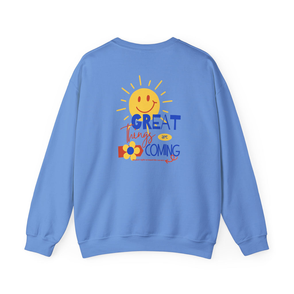 Happy Sweatshirt with Encouraging Sentiment for the Upcoming Year - Available in Blue, White, and Grey | Sizes S - 2XL