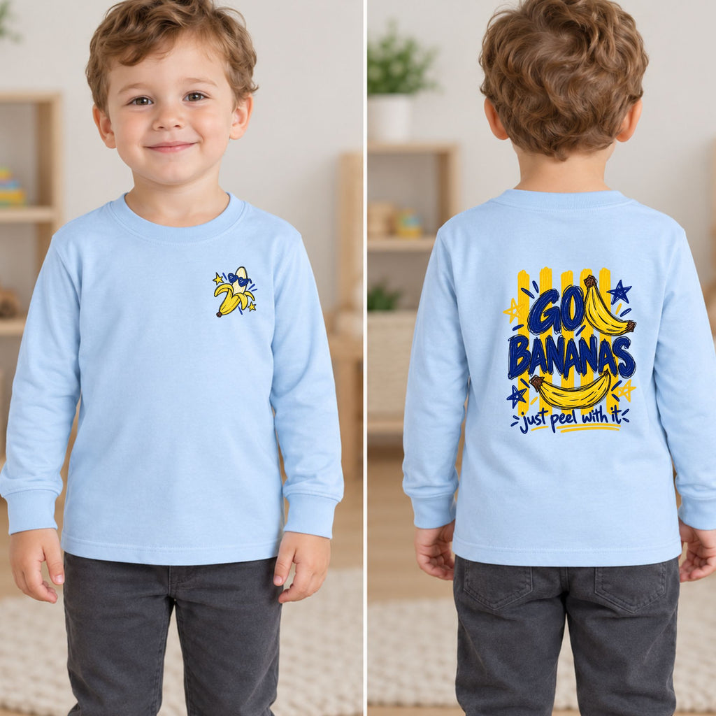 Side-by-side front and back views of a toddler wearing a light blue Go Bananas long sleeve tee with a banana left-chest design and full “Just Peel With It” back graphic.