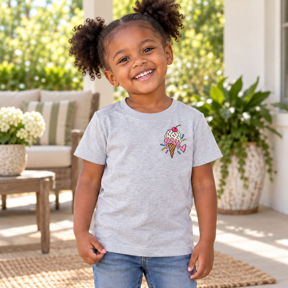 Toddler wearing a heather Ice Cream Club short sleeve tee, front view showing the ice cream left-chest design.