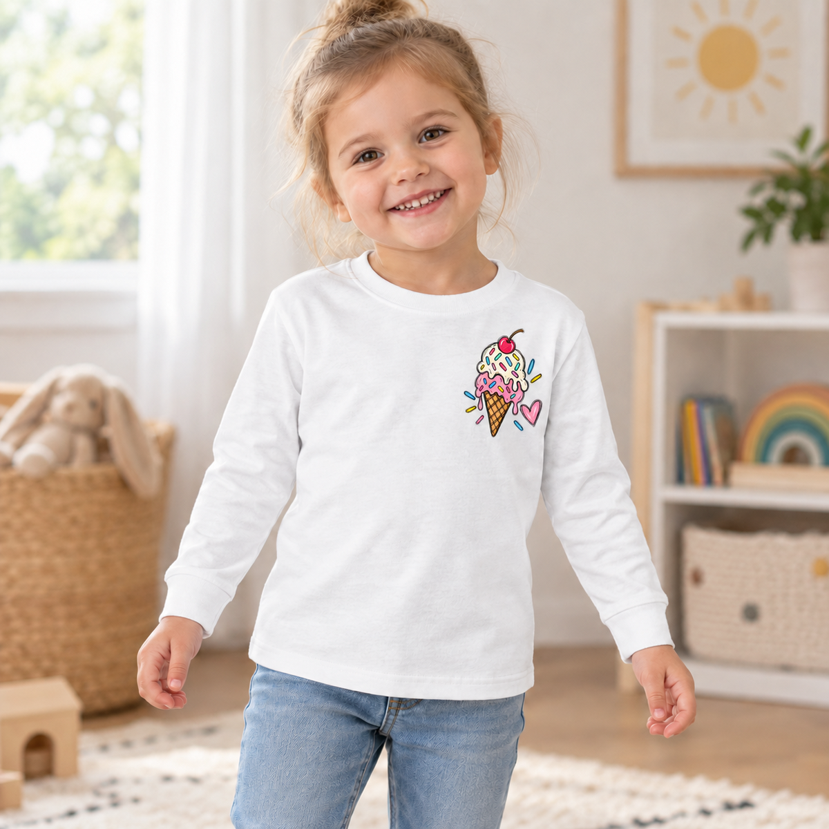 Toddler wearing a white Ice Cream Club long sleeve tee, front view showing the ice cream left-chest design.