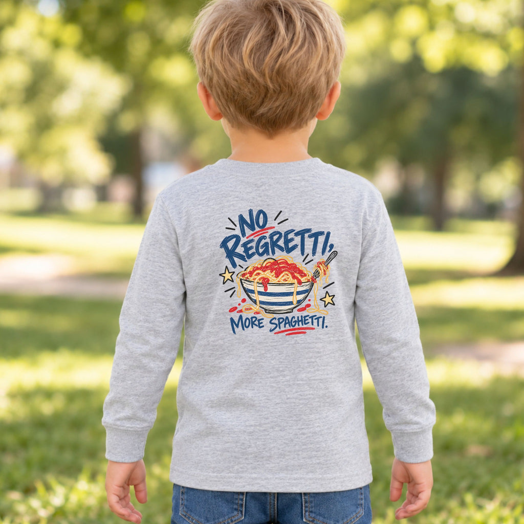 Boy wearing a heather No Regretti toddler long sleeve tee, back view showing the More Spaghetti design.