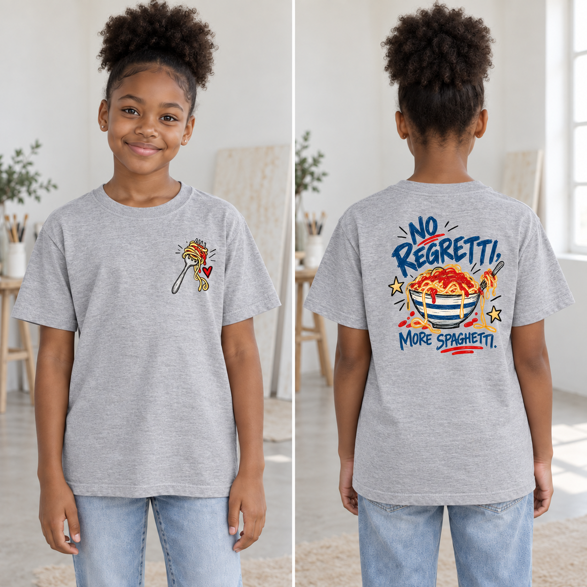 Youth model wearing a heather gray No Regretti More Spaghetti tee, shown from the front with the forkful of spaghetti left-chest design and from the back with the full spaghetti bowl graphic.