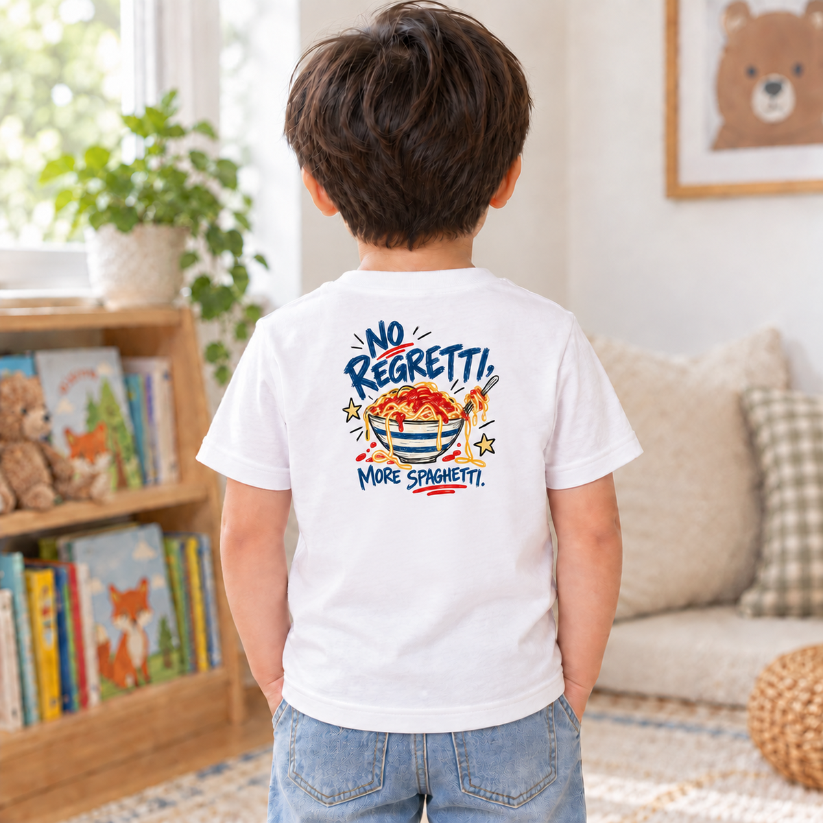 Toddler wearing a white No Regretti short sleeve tee, back view showing the full spaghetti design with “More Spaghetti.”