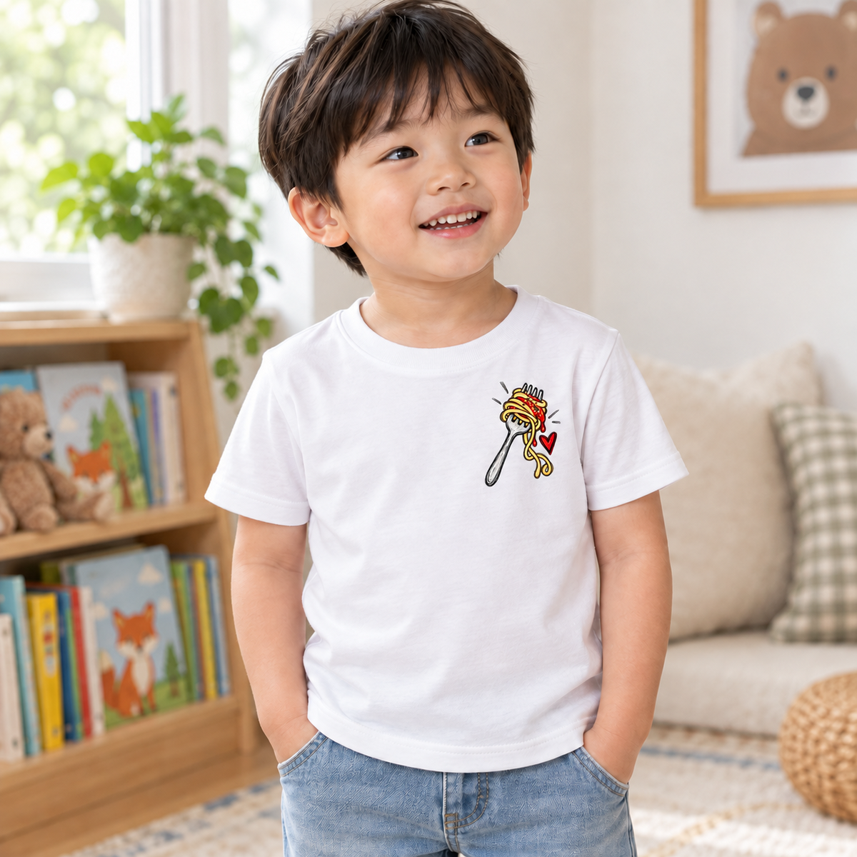 Toddler wearing a white No Regretti short sleeve tee, front view showing the spaghetti left-chest design.