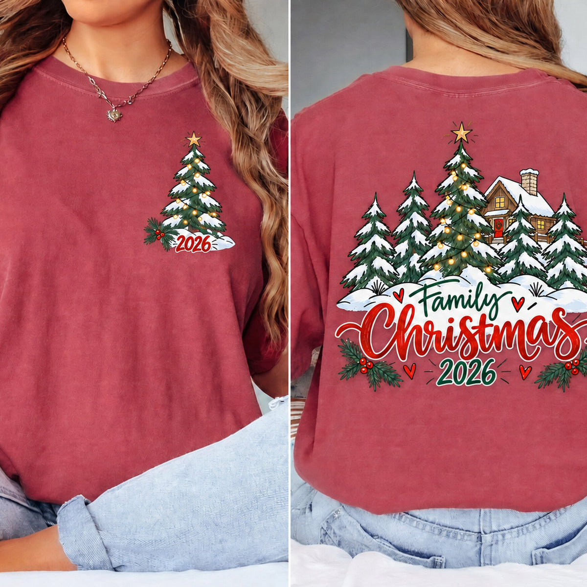 Vintage Red adult tee with a Christmas tree on the left chest and Family Christmas 2026 cabin design on the back.