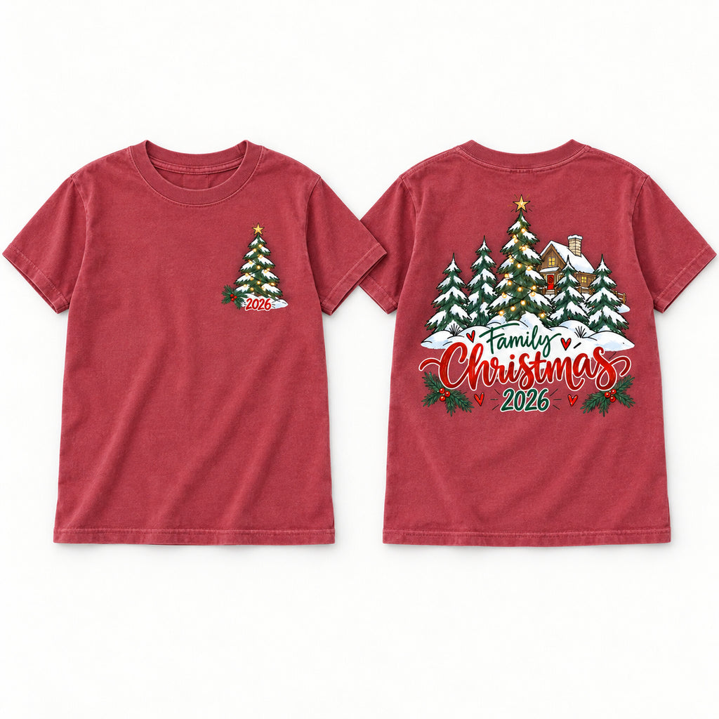 Vintage Red youth tee shown front and back with a Christmas tree and Family Christmas 2026 cabin design.