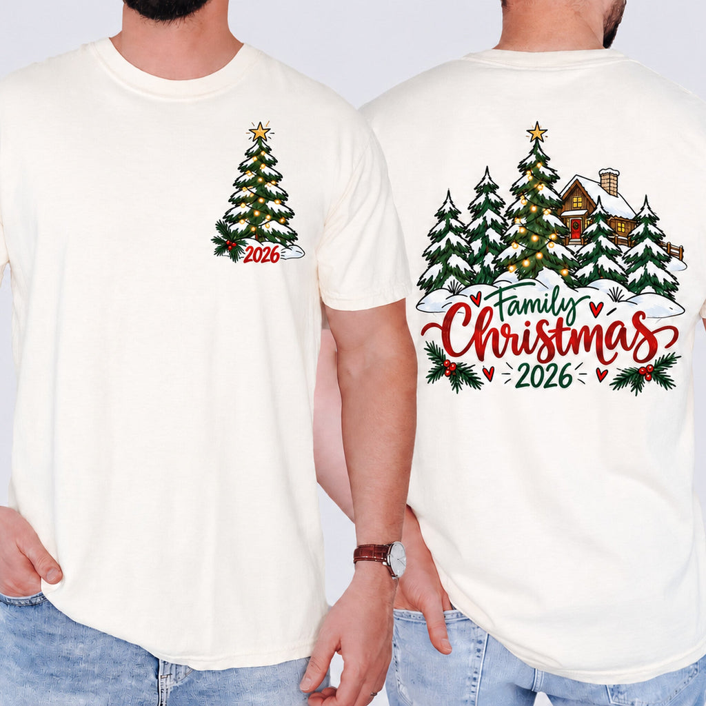 Cream adult tee shown front and back with a Christmas tree and Family Christmas 2026 cabin design.