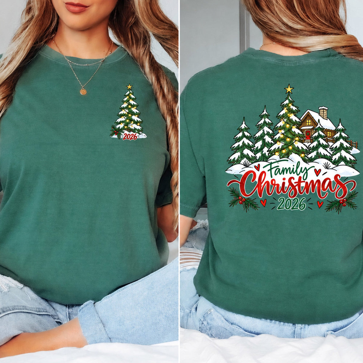 Soft Green adult tee shown front and back with the Outdoor Family Christmas 2026 design.