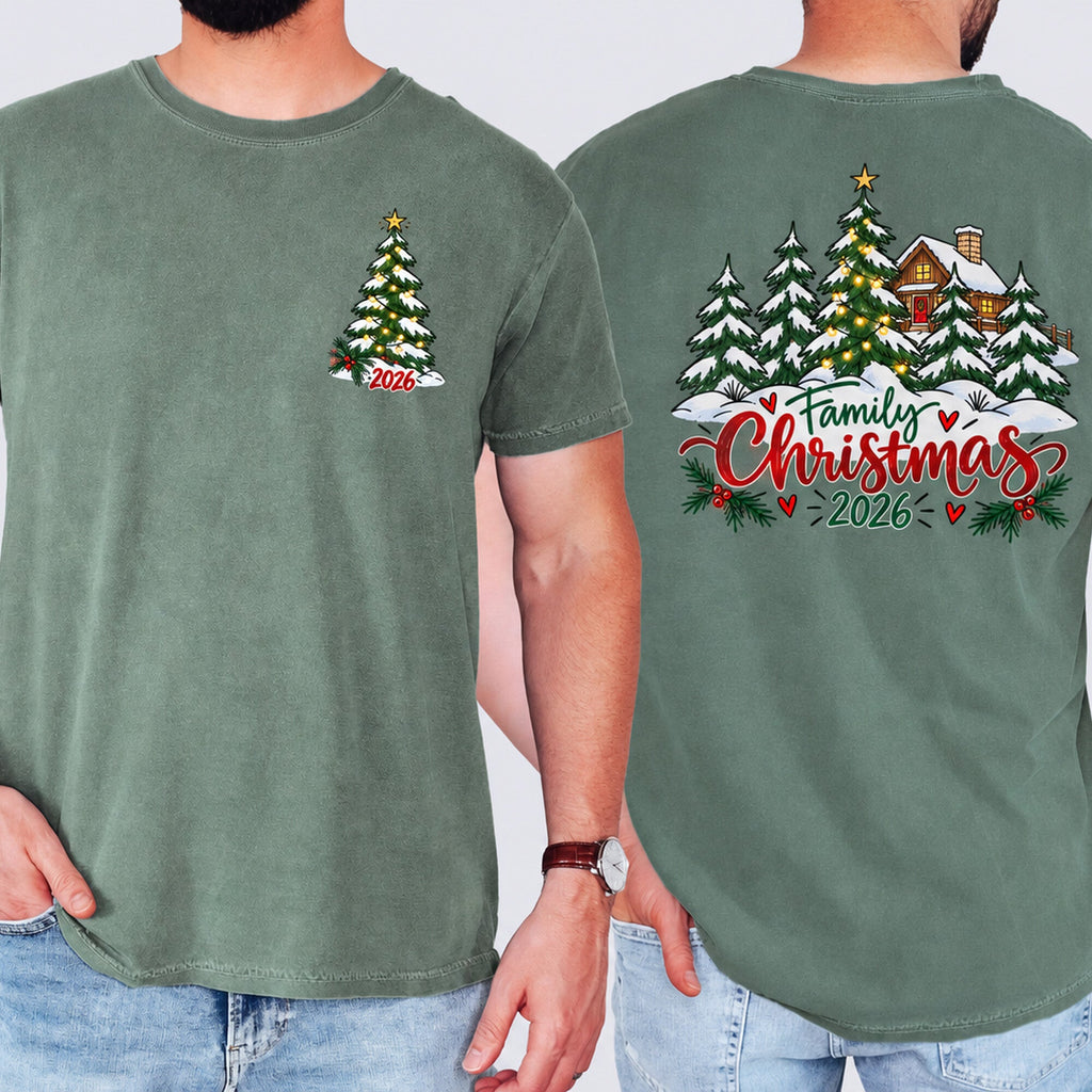 Forest Green adult tee shown front and back with the Outdoor Family Christmas 2026 design.