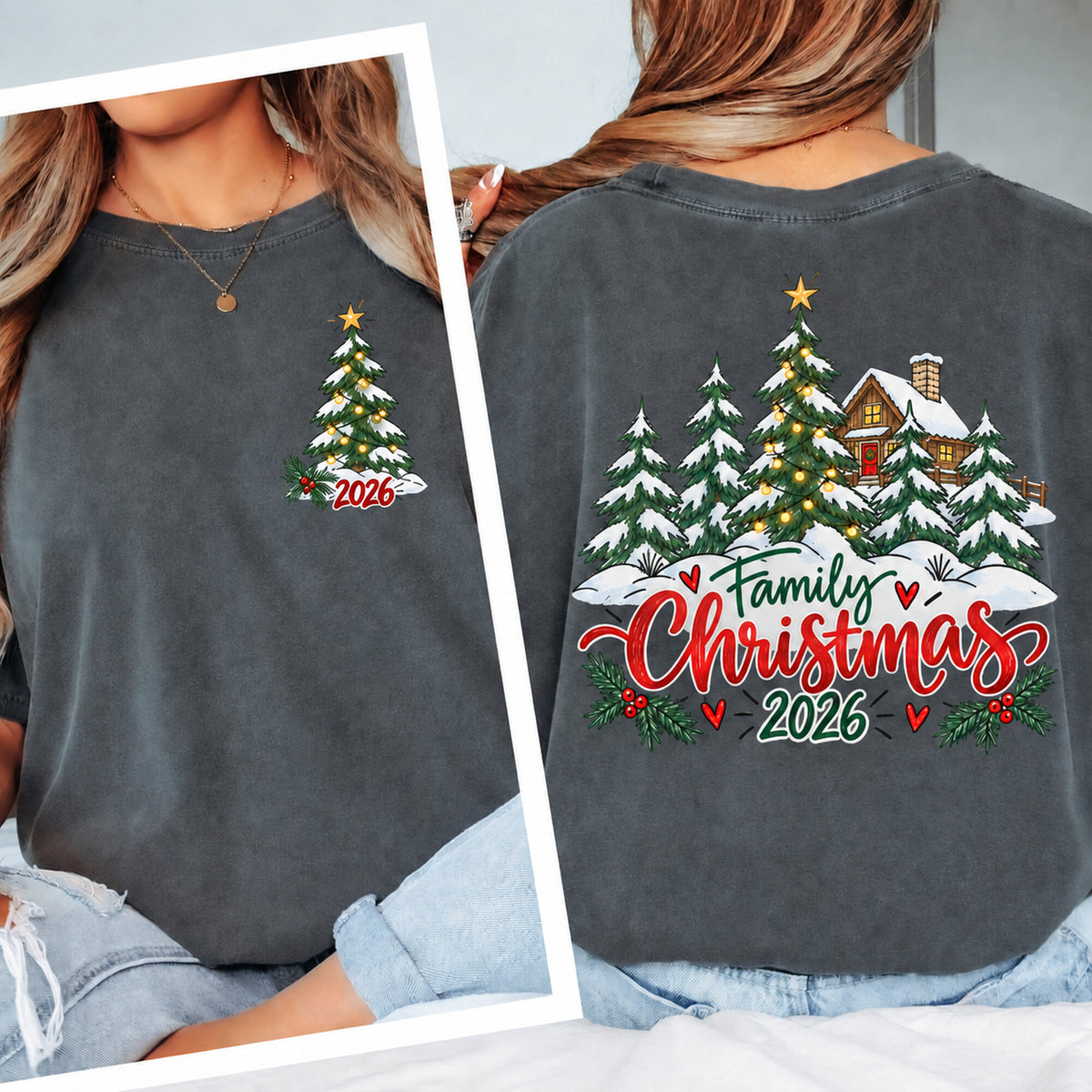 Washed Charcoal adult tee shown front and back with the Outdoor Family Christmas 2026 design.