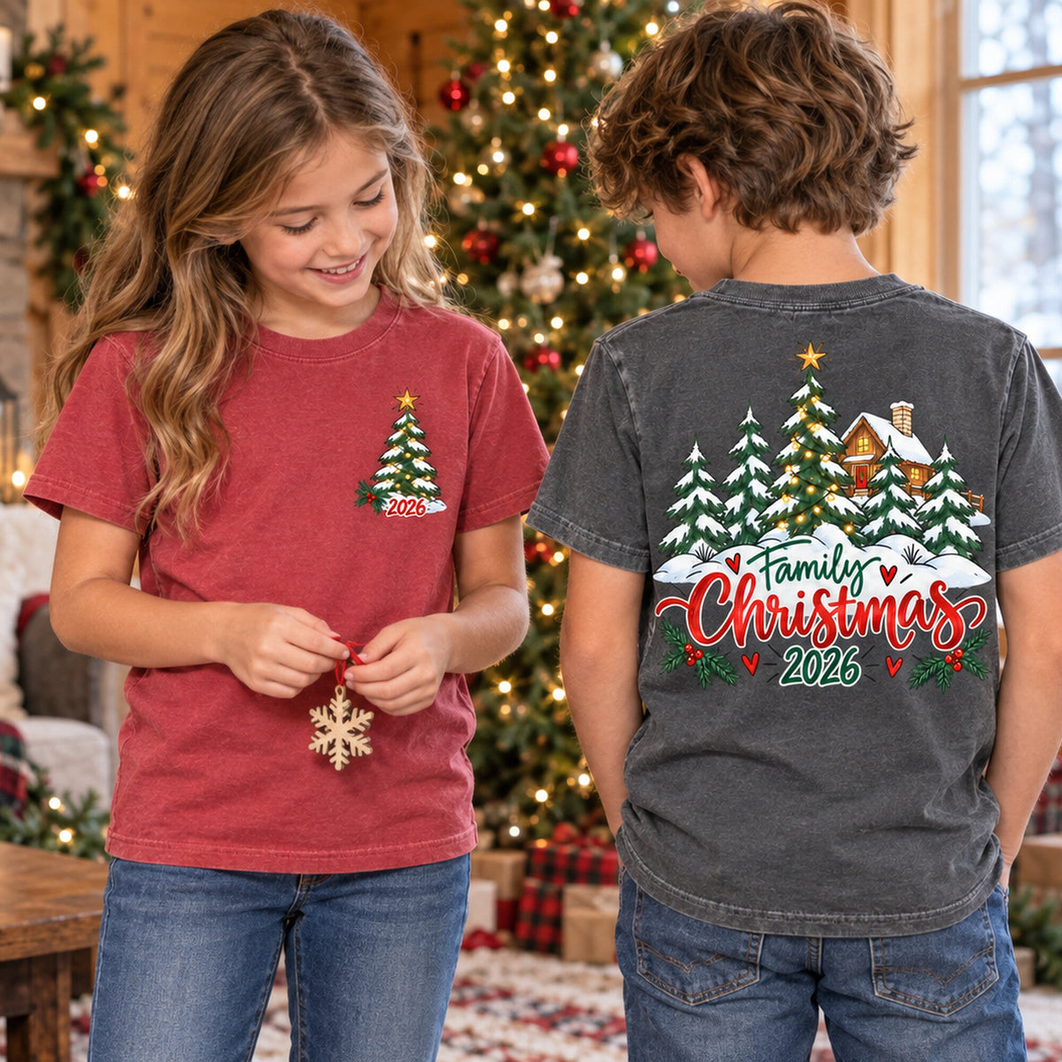 Two children in Vintage Red and Washed Charcoal Family Christmas 2026 tees, showing front and back designs in a Christmas cabin.