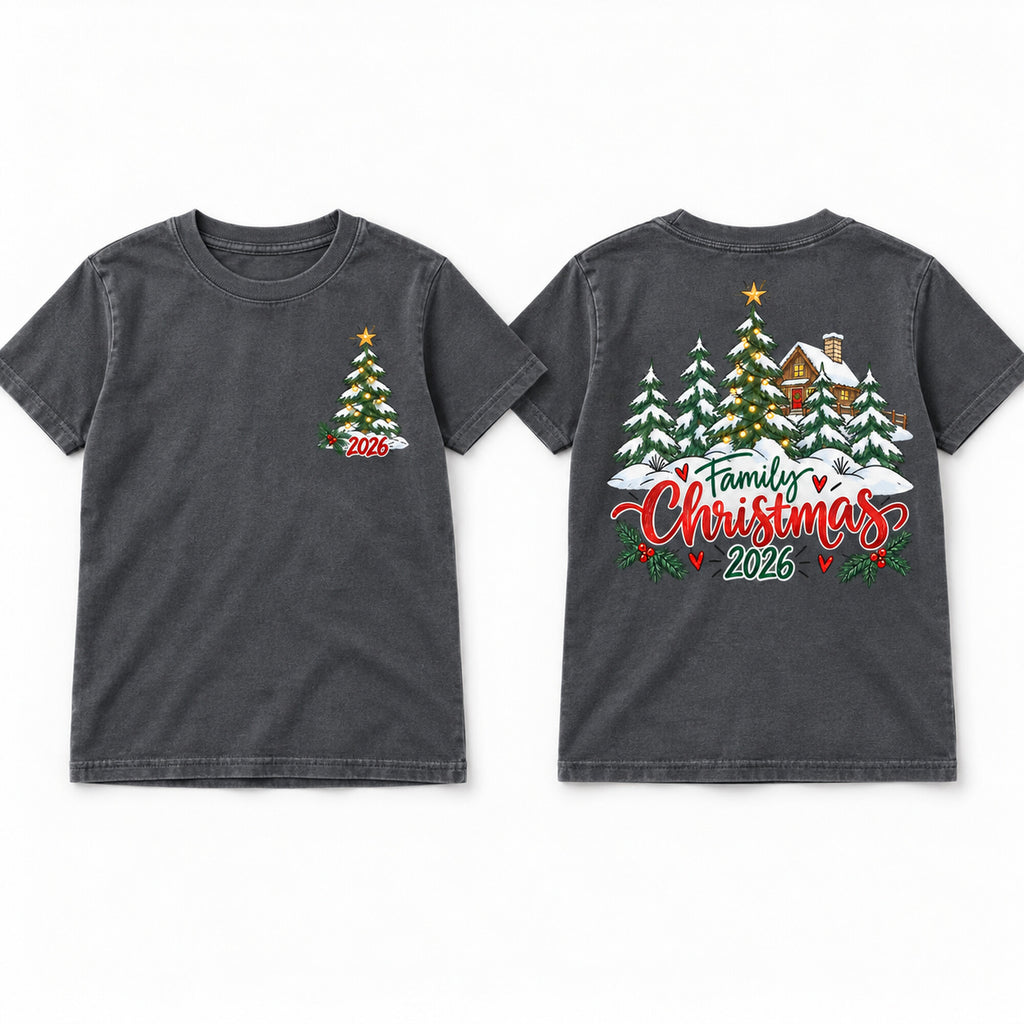 Washed Charcoal youth tee shown front and back with a Christmas tree and Family Christmas 2026 cabin design.
