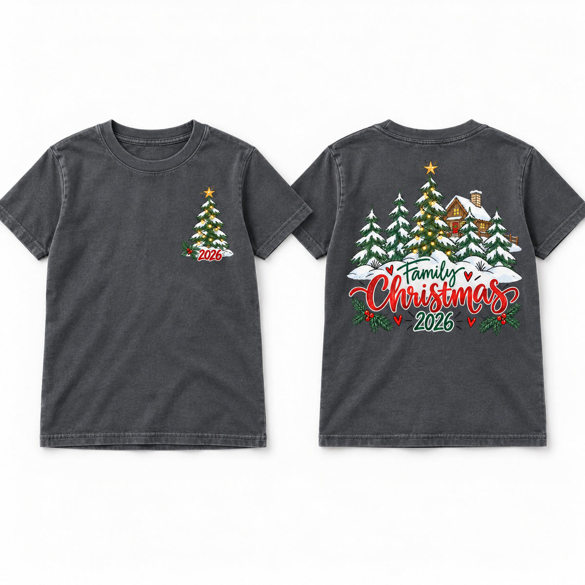 Washed Charcoal youth tee shown front and back with a Christmas tree and Family Christmas 2026 cabin design.