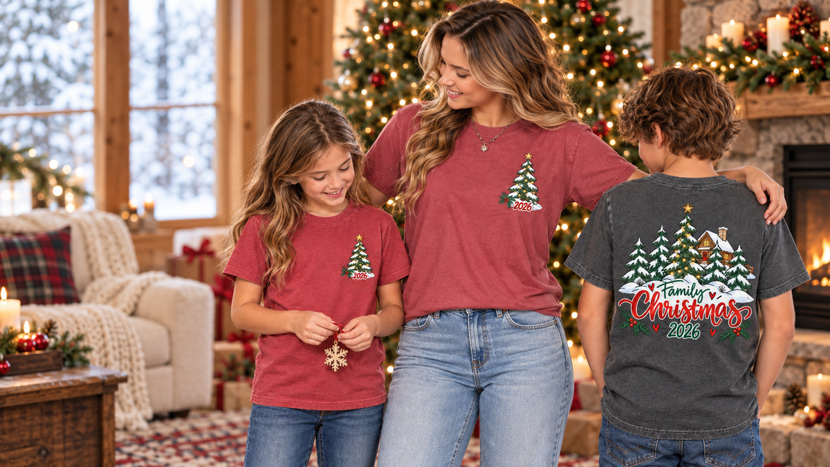 Woman and two children wearing matching red and washed-charcoal Family Christmas 2026 tees in a cozy holiday room.