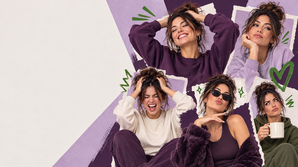 One woman showing happy, unbothered, overwhelmed, fabulous and slightly annoyed moods in a purple editorial collage.