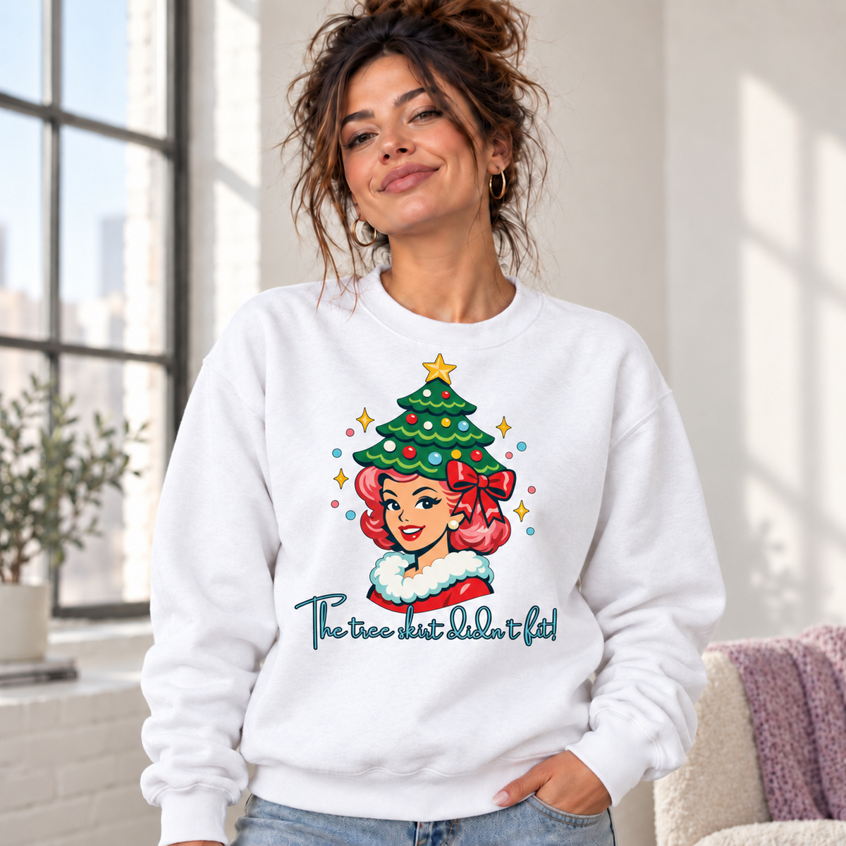 Woman wearing a white The Tree Skirt Didn’t Fit funny Christmas crewneck sweatshirt